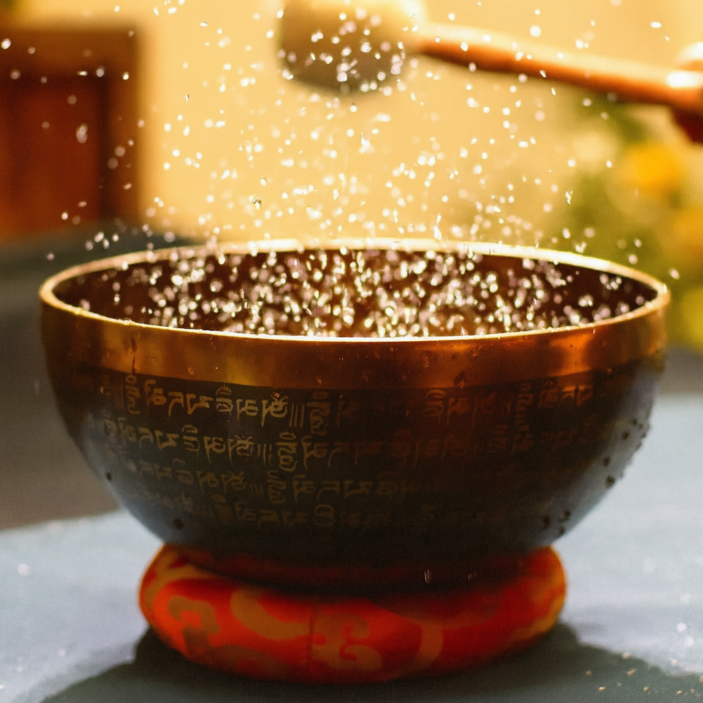 Tibetan singing bowl set with wooden striker used for chakra balancing and energy cleansing