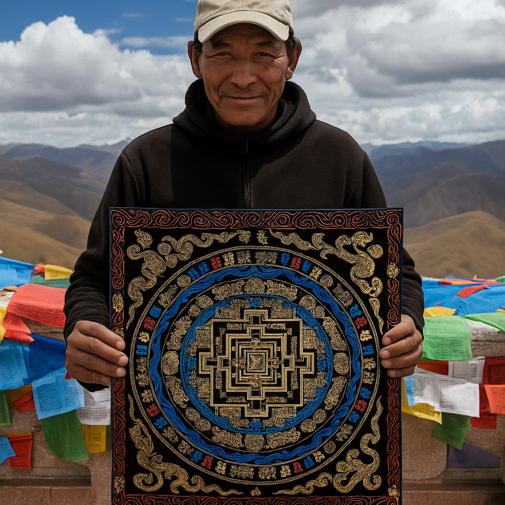 Tibetan Plateau landscape with layered mountains and serene alpine lake, ideal for wall tapestry, meditation decor