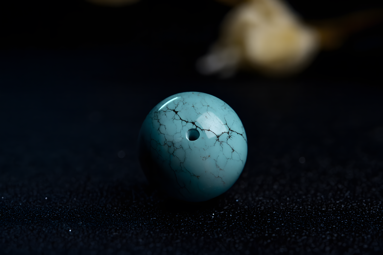 Turquoise bead with a hole on a dark background