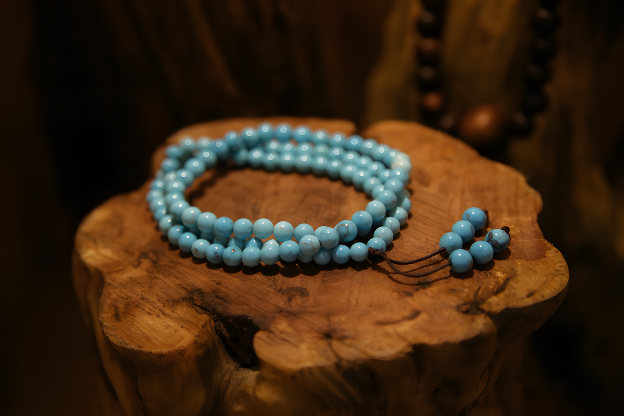 Turquoise beaded necklace on a wooden surface