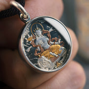 Unisex 25mm Tibetan thangka pendant combining meteor iron and traditional gold craftsmanship