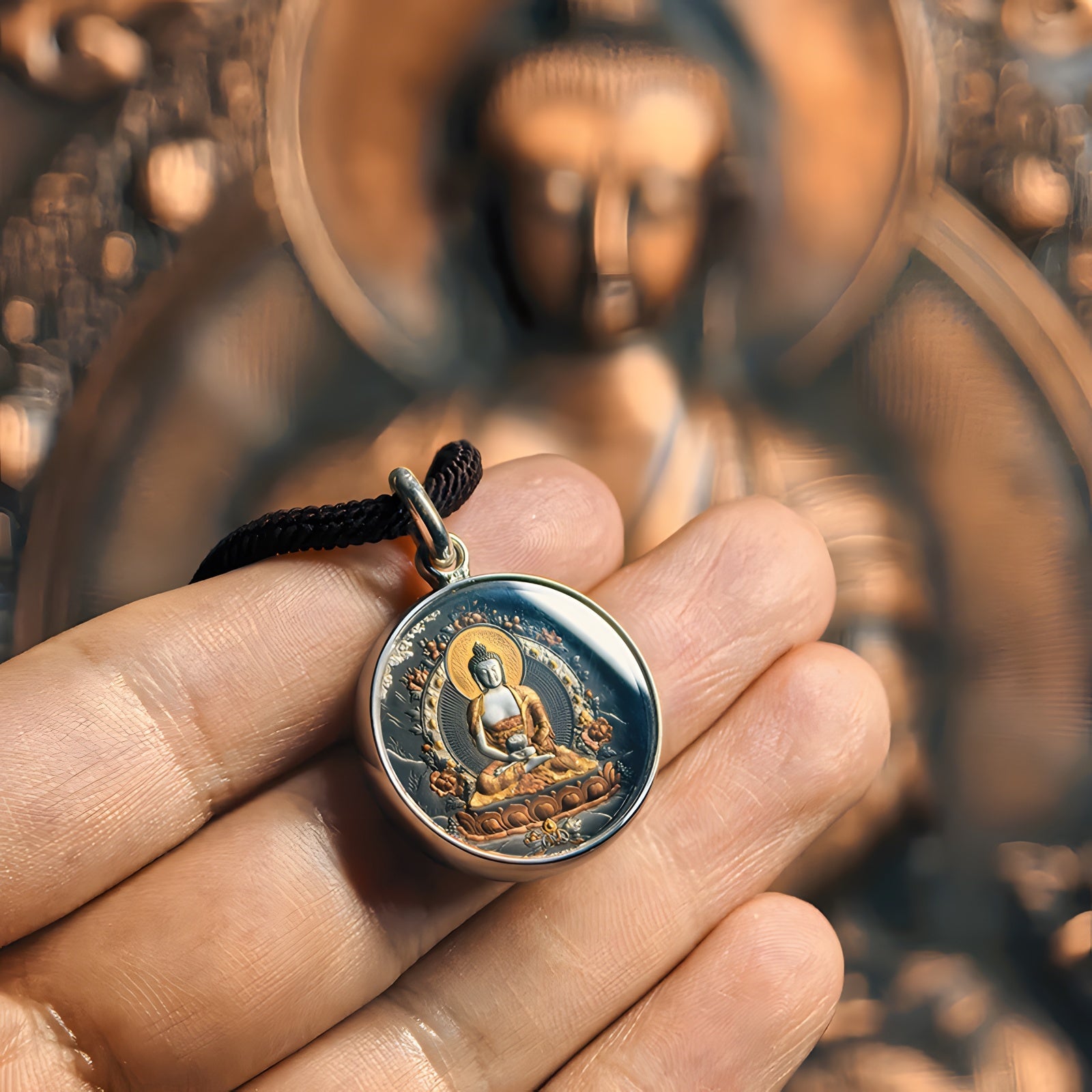 Amitabha Thangka Meteorite Pendant Necklace – Iron - Cut Gilded, 904L Steel & Sapphire Crystal (25mm) - Himalayan Whisper - 