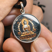 Amitabha Thangka Meteorite Pendant Necklace – Iron - Cut Gilded, 904L Steel & Sapphire Crystal (25mm) - Himalayan Whisper - 