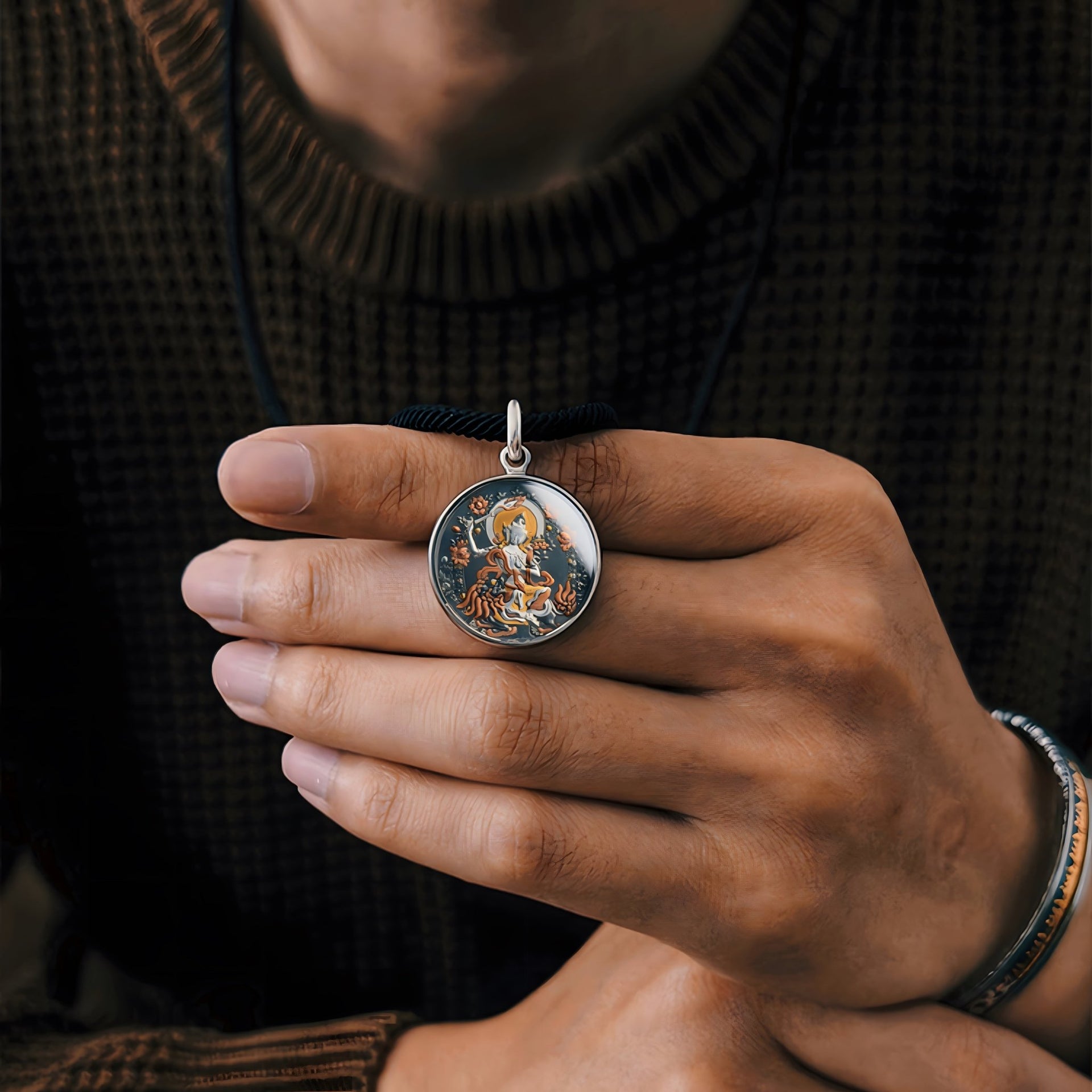 Ksitigarbha Round Thangka Pendant Necklace (Unisex) – Meteor Iron + 24K Heritage Goldwork (25mm)