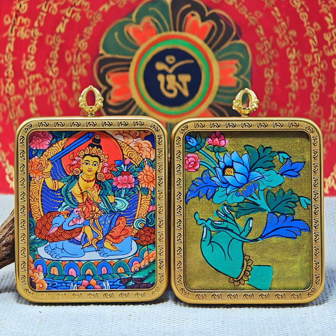 Lion-Riding Manjushri Thangka Pendant “Exam Breakthrough” (4×5cm / 1.57×1.97") – Design #1 - Himalayan Whisper -