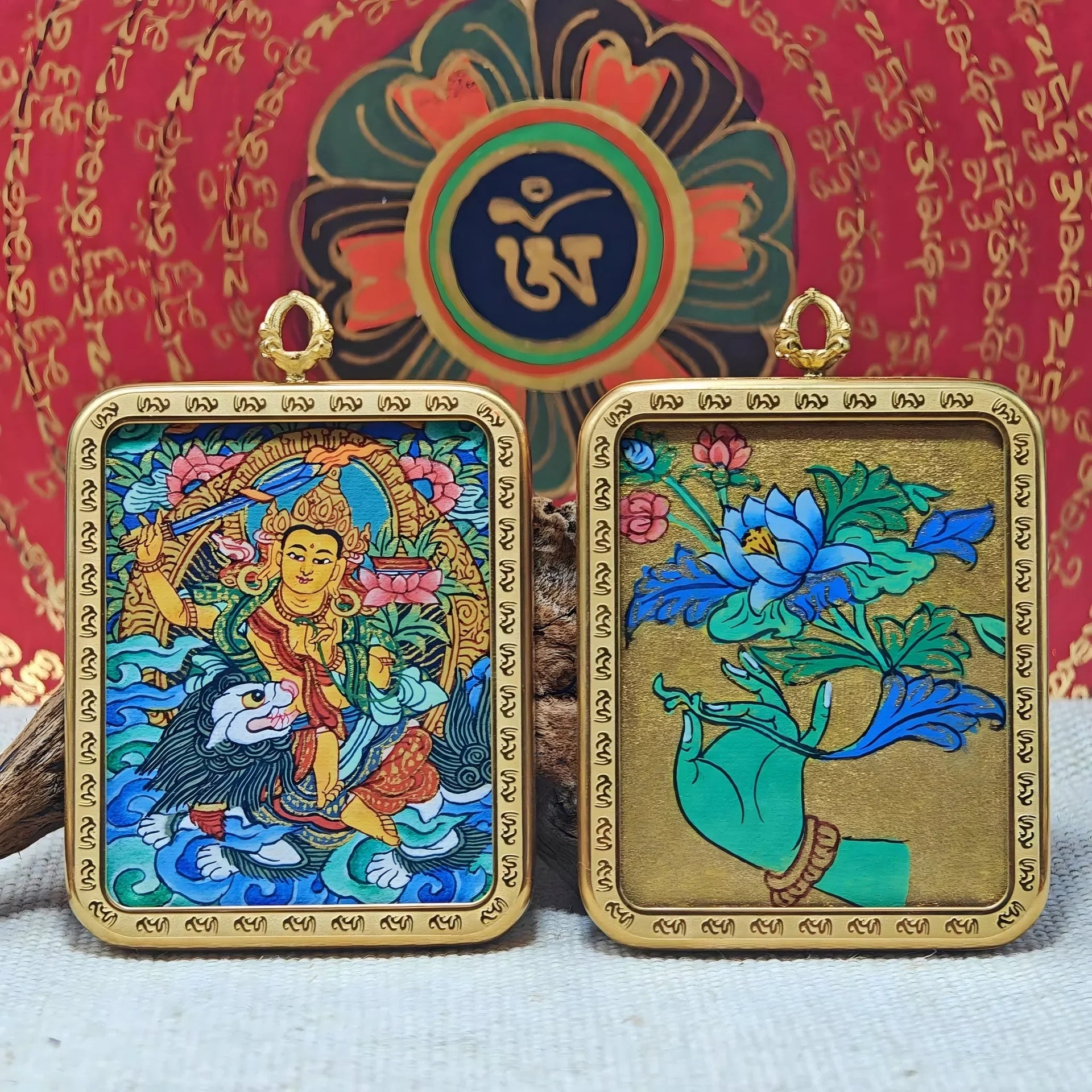Lion - Riding Manjushri Thangka Pendant “Top of the List” (4×5cm / 1.57×1.97") – Design 2 - Himalayan Whisper - 