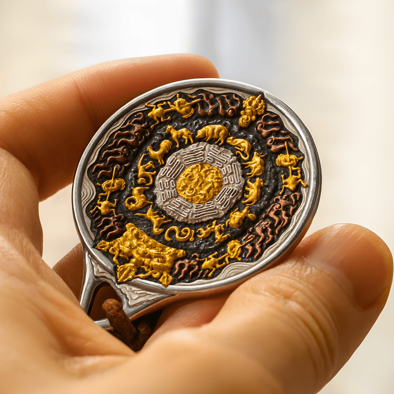 Russian Meteor Iron Bagua Pendant — Nine Palaces • Eight Trigrams (Heritage Gold - Inlay, 43mm) - Himalayan Whisper - 