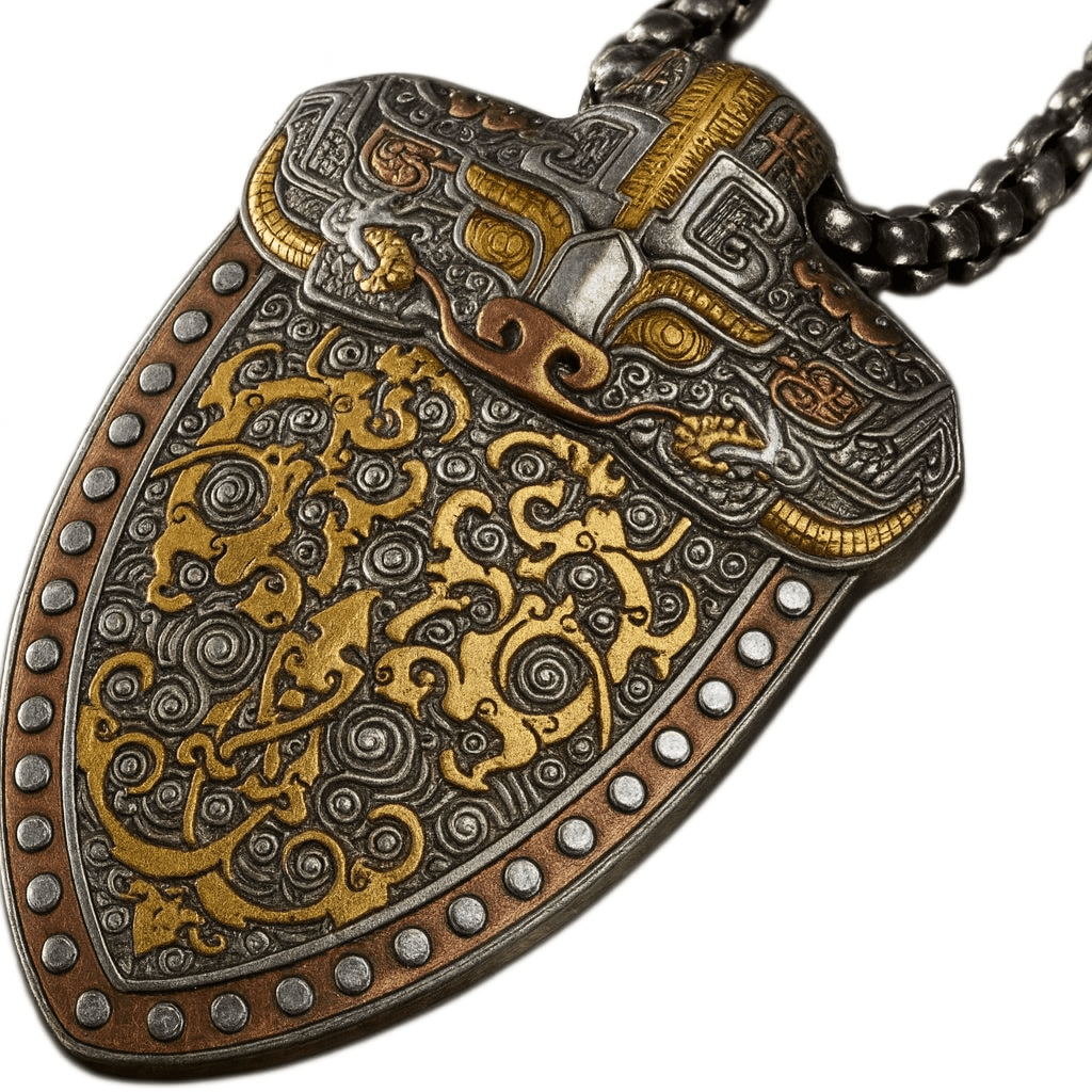 Russian Meteor Iron Totem Pendant — Hand - Carved Taotie & Dragon, 24K Gold Inlay (Unisex) - Himalayan Whisper - 