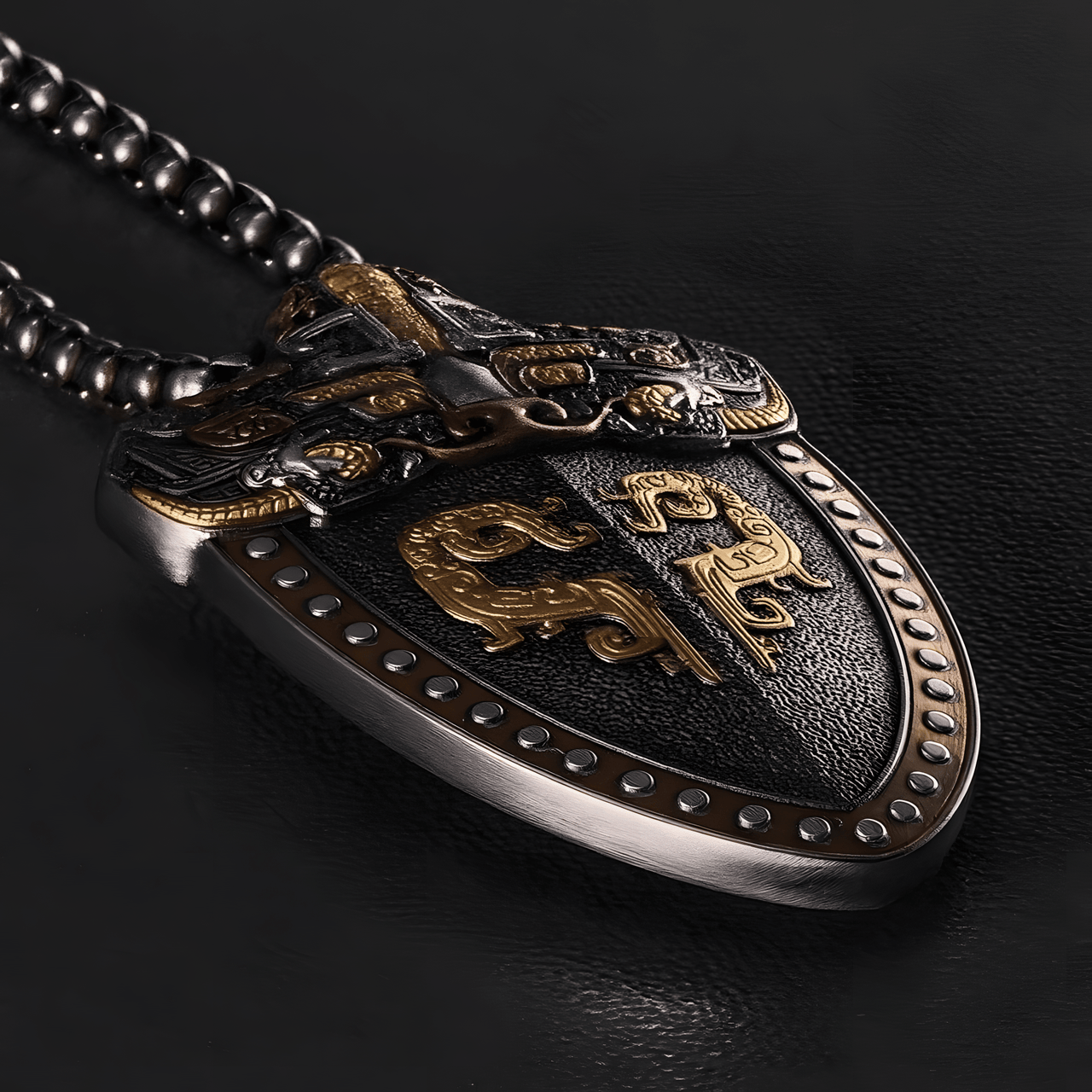 Russian Meteor Iron Totem Pendant — Hand - Carved Taotie & Dragon, 24K Gold Inlay (Unisex) - Himalayan Whisper - 