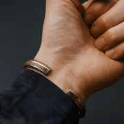 Russian Meteorite Cuff Bracelet — Three Realms Vajra Motif, 24K Gold Inlay (Unisex) - Himalayan Whisper - 