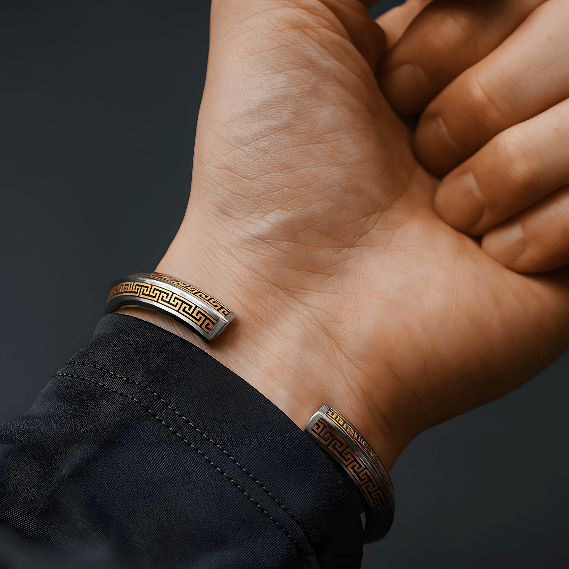 Russian Meteorite Cuff Bracelet — Three Realms Vajra Motif, 24K Gold Inlay (Unisex) - Himalayan Whisper - 
