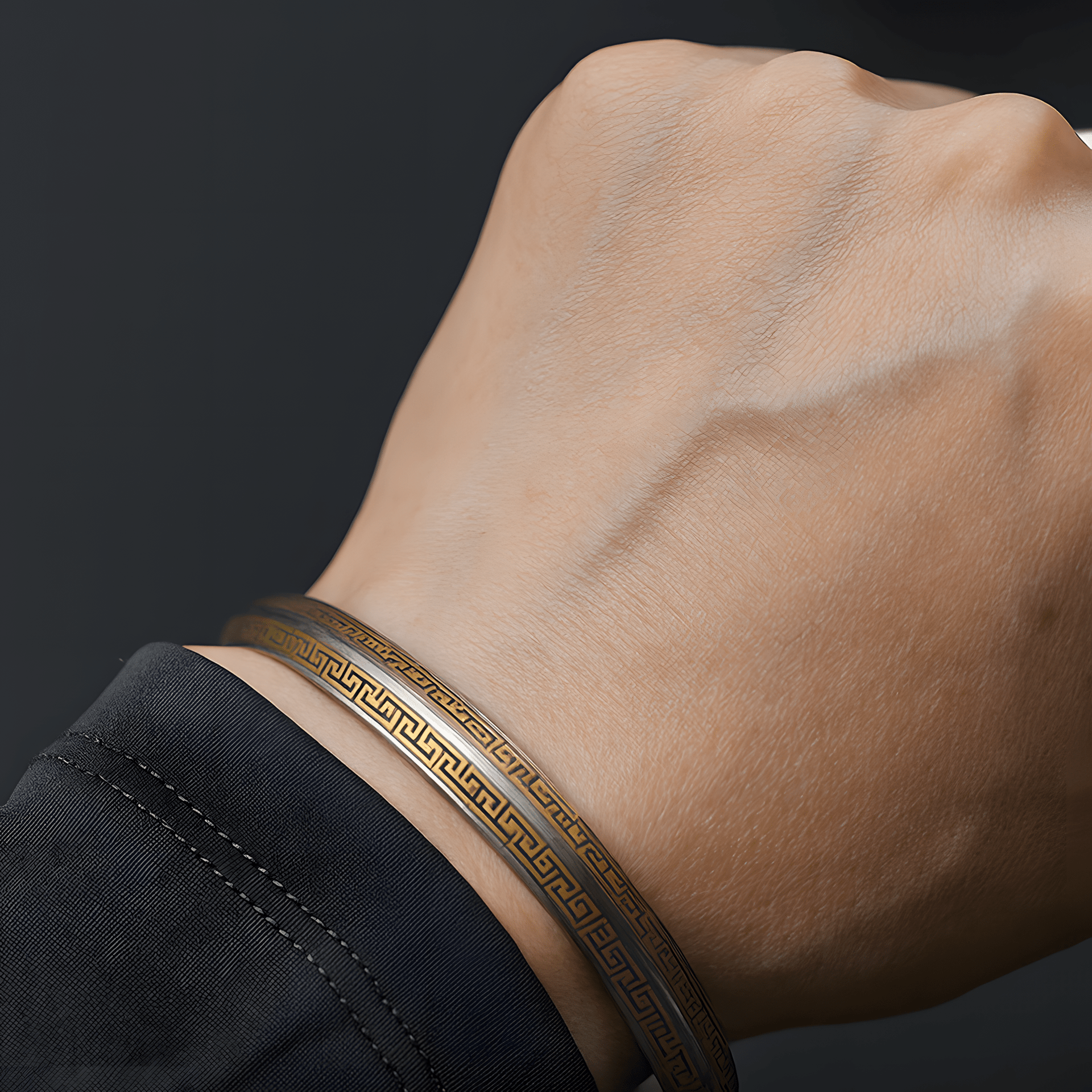 Russian Meteorite Cuff Bracelet — Three Realms Vajra Motif, 24K Gold Inlay (Unisex) - Himalayan Whisper - 