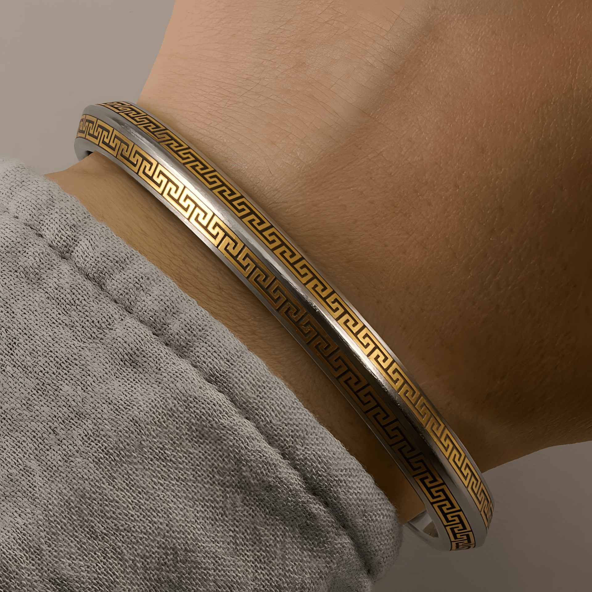 Russian Meteorite Cuff Bracelet — Three Realms Vajra Motif, 24K Gold Inlay (Unisex) - Himalayan Whisper - 