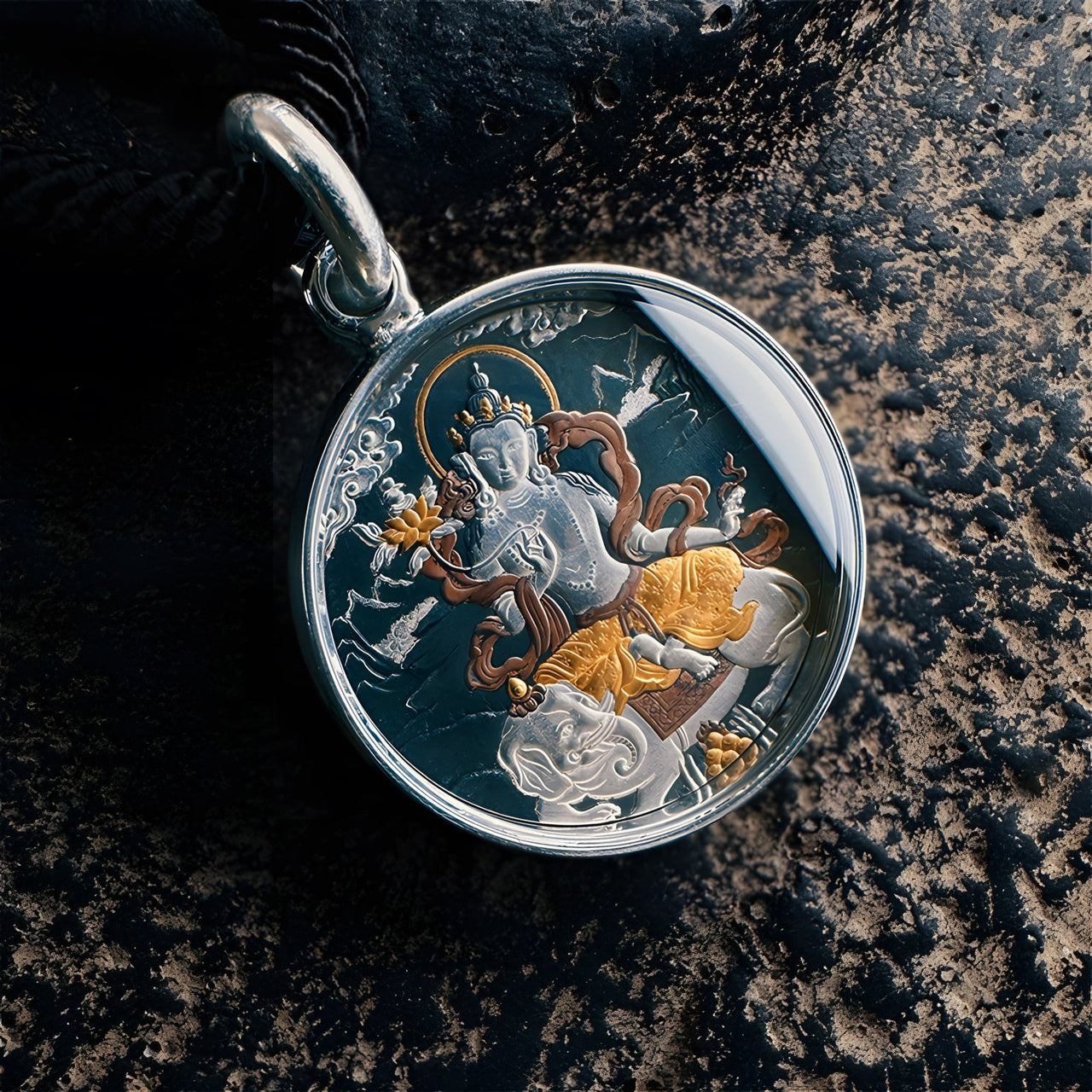 Samantabhadra Thangka Meteorite Pendant Necklace – Heritage Iron - Cut Gilding, 24K Gold Inlay (25mm) - Himalayan Whisper - 