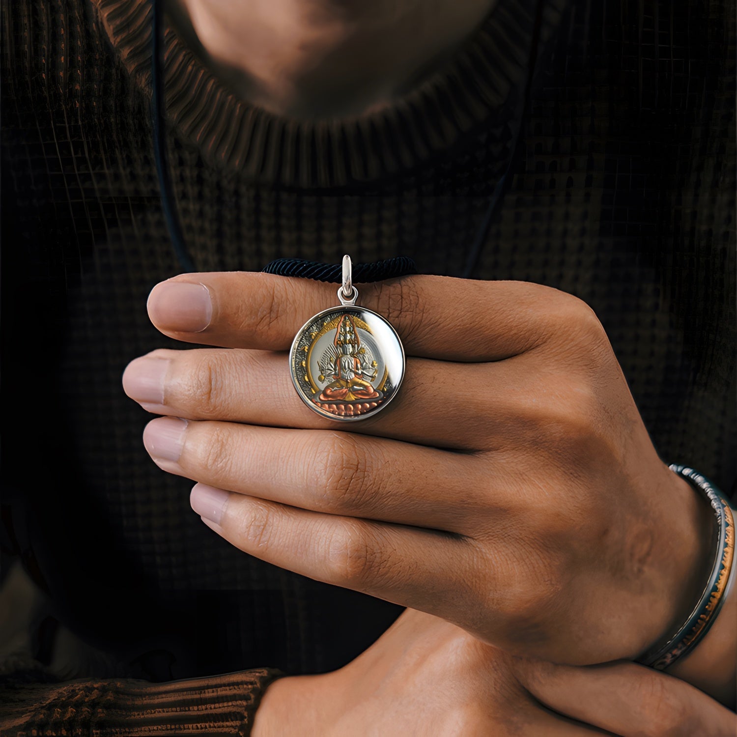 Thousand - Armed Kuan Yin Thangka Meteorite Pendant Necklace – Heritage Iron - Cut Gilding (25mm) - Himalayan Whisper - 