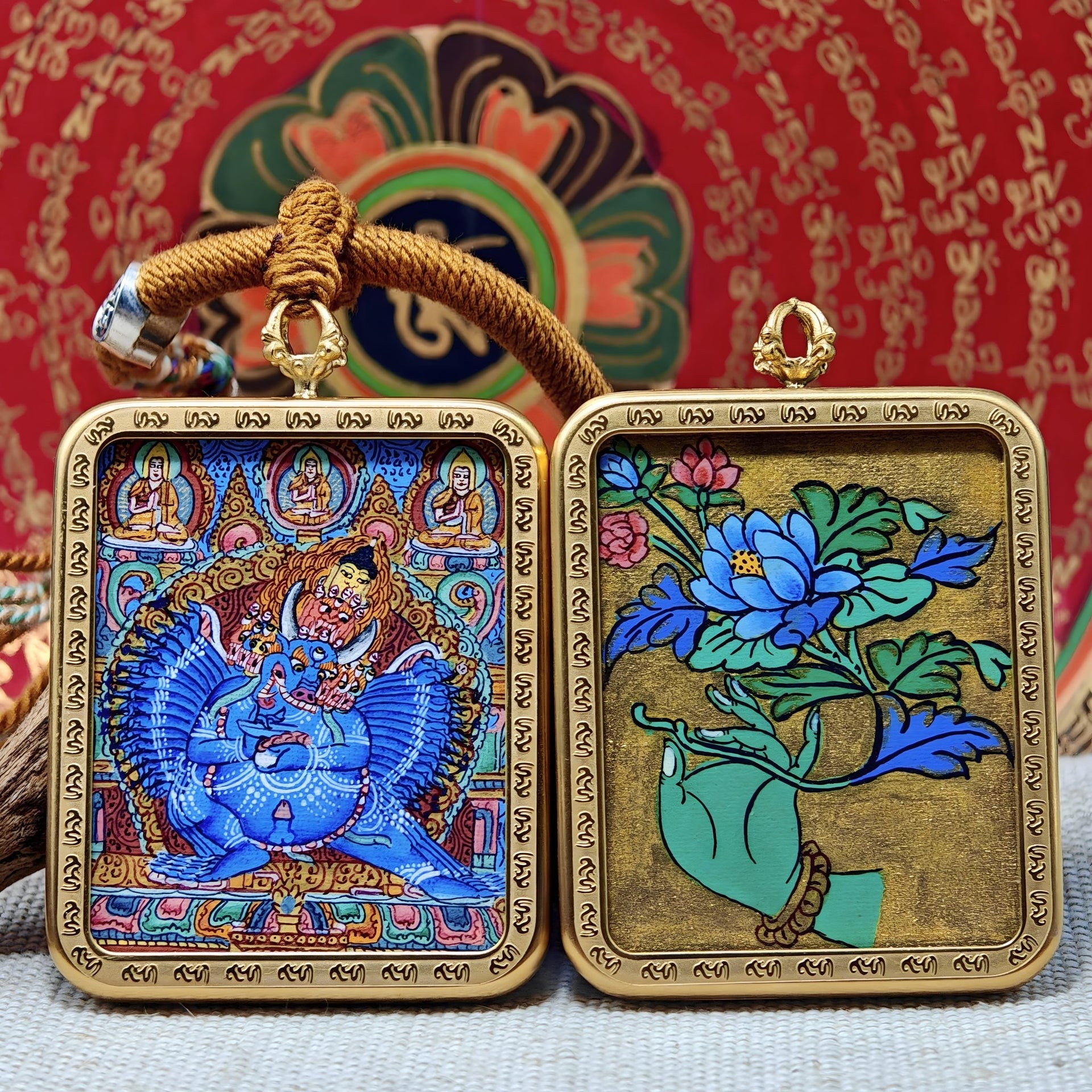 Yamantaka Thangka Pendant – “Great Destroyer of Fear” Power Guardian (4×5cm / 1.57×1.97") – Design 2 - Himalayan Whisper - 