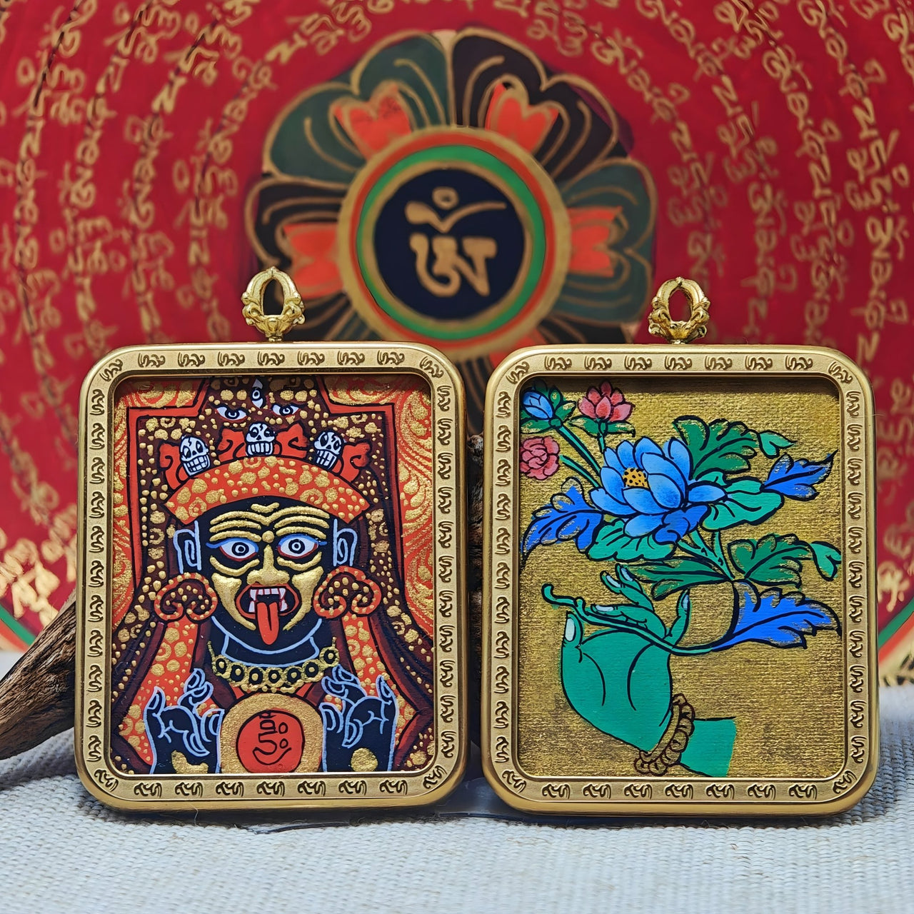 Zajiram Thangka Pendant – “Red - Gold Surge” Energy Shield (4×5cm / 1.57×1.97") – Design 1 - Himalayan Whisper - 