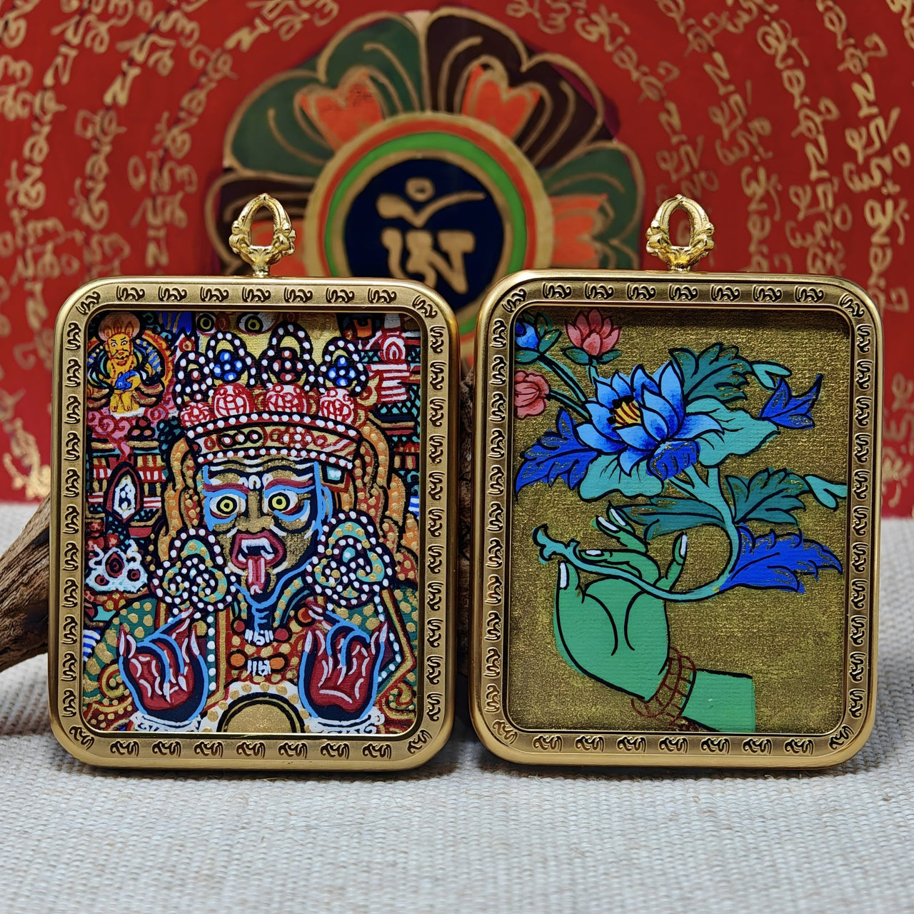 Zajiram Thangka Pendant – “Red - Gold Surge” Energy Shield (4×5cm / 1.57×1.97") – Design 2 - Himalayan Whisper - 