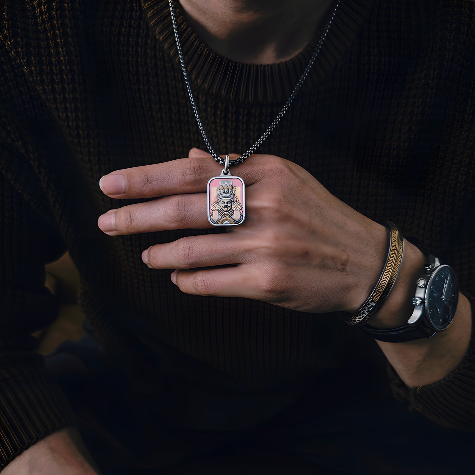 Zaki Lamu Thangka Meteorite Pendant Necklace – 24K Gold Inlay, Heritage Iron - Cut Gilding (30×20mm) - Himalayan Whisper - 