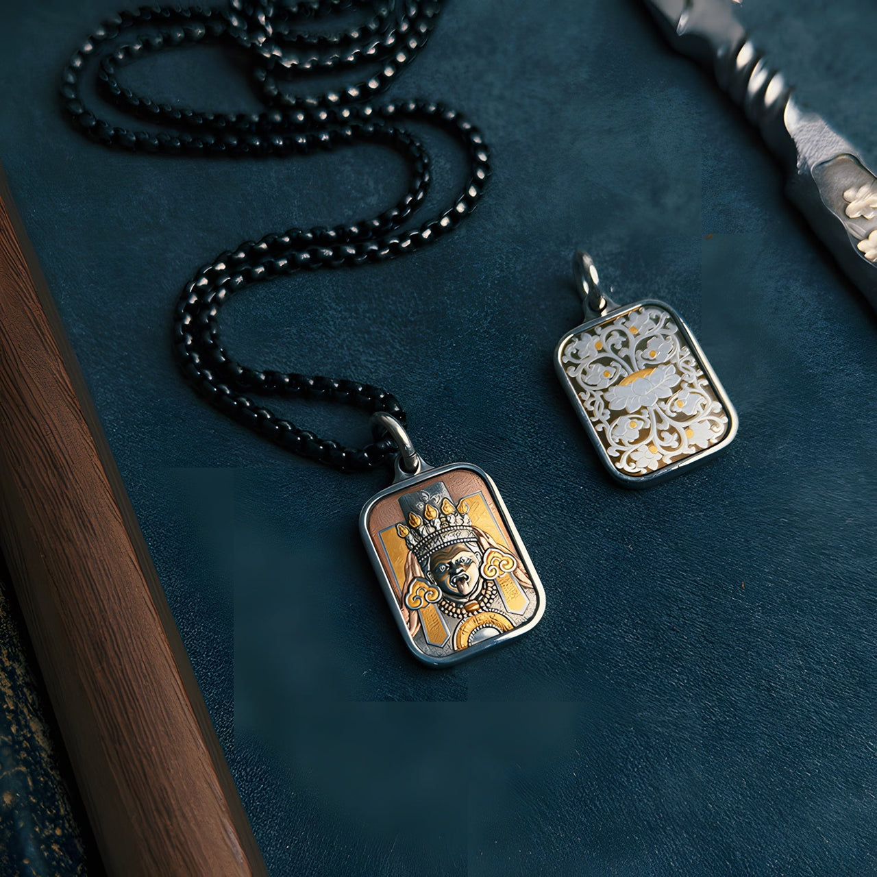 Zaki Lamu Thangka Meteorite Pendant Necklace – 24K Gold Inlay, Heritage Iron - Cut Gilding (30×20mm) - Himalayan Whisper - 