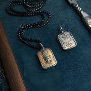 Zaki Lamu Thangka Meteorite Pendant Necklace – 24K Gold Inlay, Heritage Iron - Cut Gilding (30×20mm) - Himalayan Whisper - 